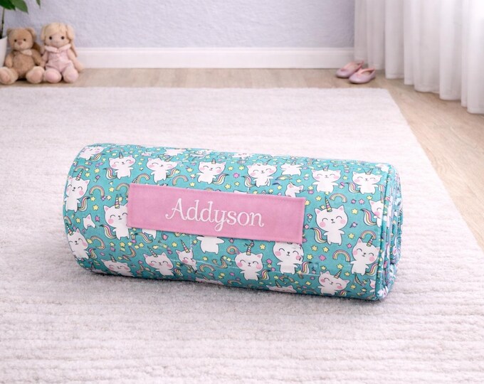 Personalized Unicorn Toddler Nap Mat with Pink Minky Blanket for Daycare and Preschool