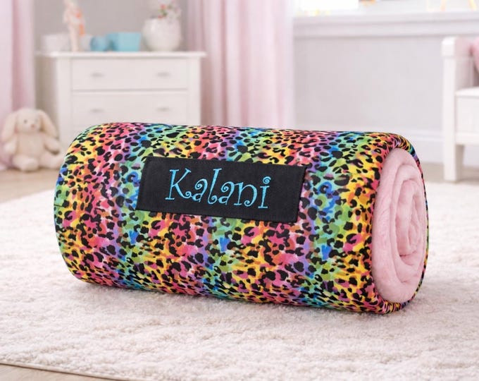 Toddler Nap Mat with Attached Blanket and Pillow Rainbow Leopard Nap Mat Preschool Daycare Roll Up Travel Mat