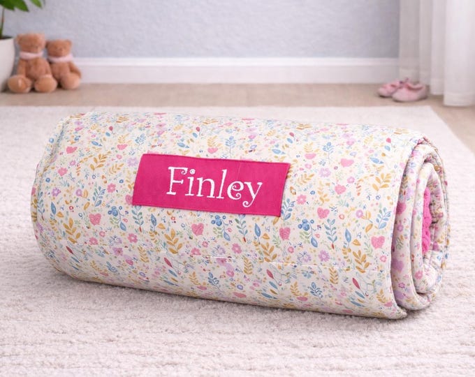 Personalized Floral Nap Mat, Pink Minky Blanket, Toddler Daycare