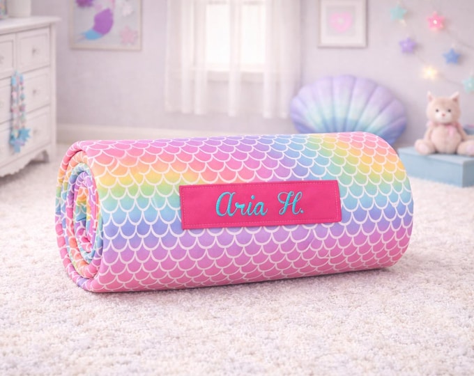 Mermaid Scales Nap Mat: Custom Embroidered Name, Removable Pillow