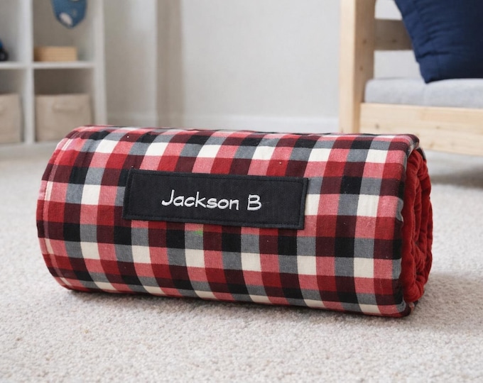 Personalized Buffalo Plaid Toddler Nap Mat | Black Minky Blanket