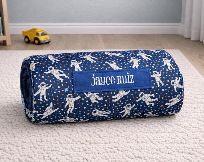 Personalized Astronaut Toddler Nap Mat | Navy Minky Blanket, Removable Pillow