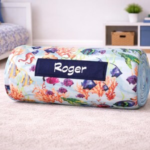 Ocean Fish Nap Mat: Personalized Embroidered Name, Removable Pillow