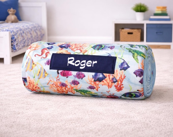 Ocean Fish Nap Mat: Personalized Embroidered Name, Removable Pillow