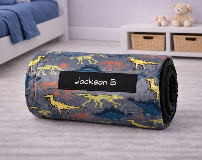 Dino Adventure Toddler Nap Mat with Black Minky Blanket | Personalized Daycare Boy Sleep Mat