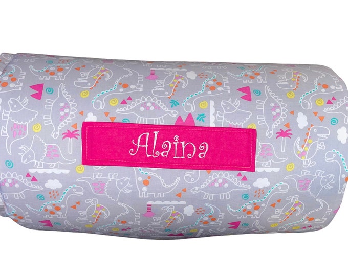 Pink & Gray Dino Dreams: All-in-One Nap Mat -  Ideal for School or Travel, Personalized Comfort in Adorable Girl Dinosaur print
