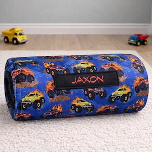 Personalized Monster Truck Nap Mat | Black Minky Blanket, Daycare