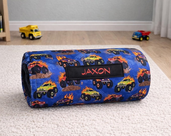 Personalized Monster Truck Nap Mat | Black Minky Blanket, Daycare