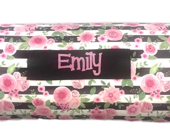 Personalized Rose Nap Mat: Pink Floral Stripe Minky Blanket