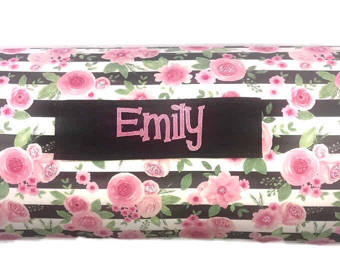 Rose Elegance: Personalized Pink Rose Black and White Stripe Nap Mat for Daycare Charm and On-the-Go Naptime with Customized Name