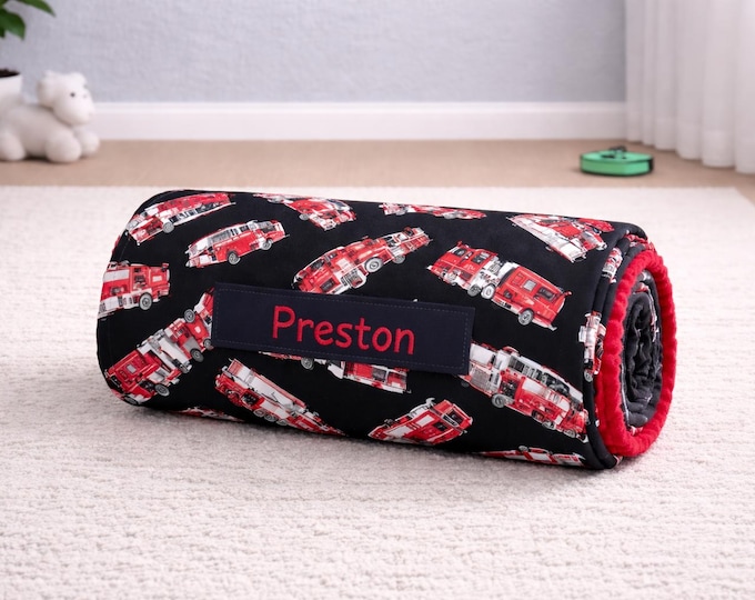 Personalized Fire Truck Nap Mat, Red Minky Blanket, Removable Pillow Insert