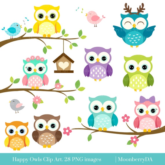 happy owls clip art digital owls clipart cute owls clipart etsy