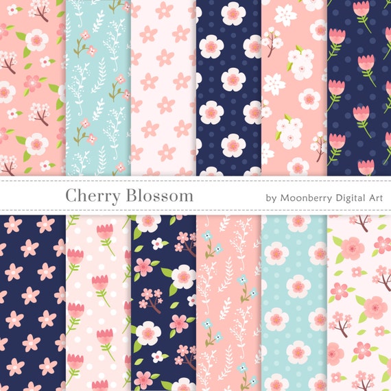 Floral Digital Papers CHERRY BLOSSOM PAPERS Floral Etsy