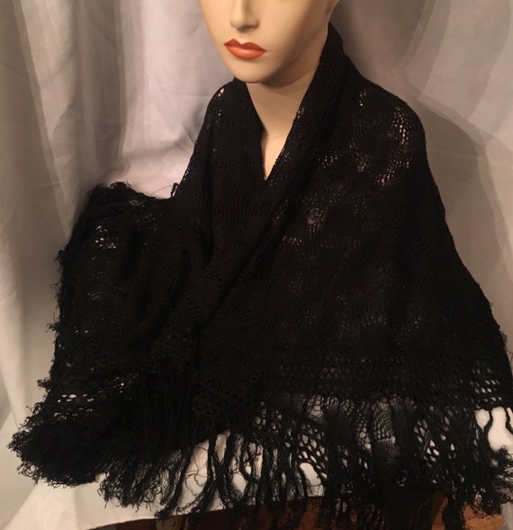 Black shawl, light weight shawl, fringe shawl, old