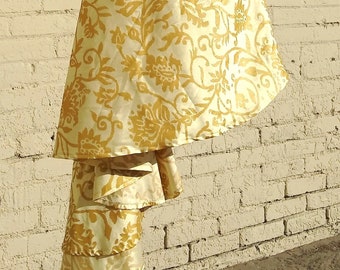 Gold Silk Dupioni Escargot Dress - Ikat Print in Metallic Gold on Eggshell White Background
