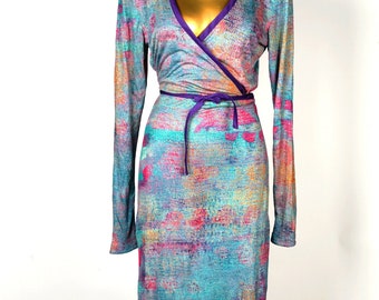 Abstraction Teal Wrap Dress - Knee Length Dress with Long Sleeves