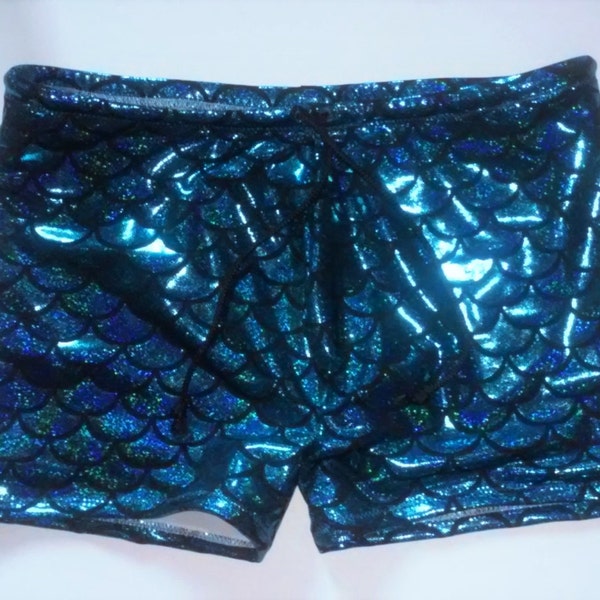 Men's Fish Scale Swim Trunks in Metallic Turquoise Blue