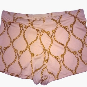 Love Affair in Luxembourg Silk Boyshorts - Women's Shorts Style Underwear / Activewear - Gold Chain Print on Soft Peach Pink Jersey Fabric