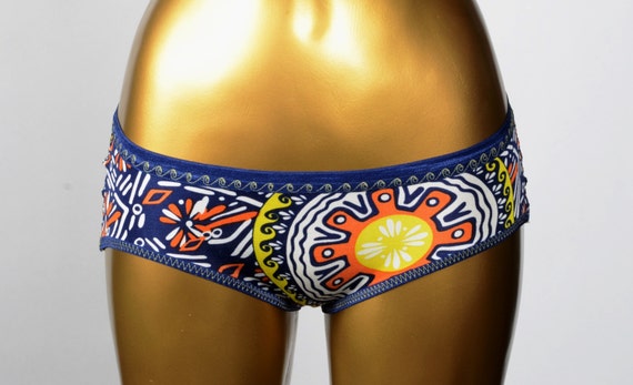 Silk Underwear Nooner in Los Cabos 100% Silk Jersey Hippie Brief Style Blue  and Orange Sunburst Print SXSW Collection 