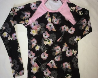 Lompoc Floral Rash Guard - Pink and Black Long-Sleeve Crew Neck Swim Shirt Top with Raglan Sleeves