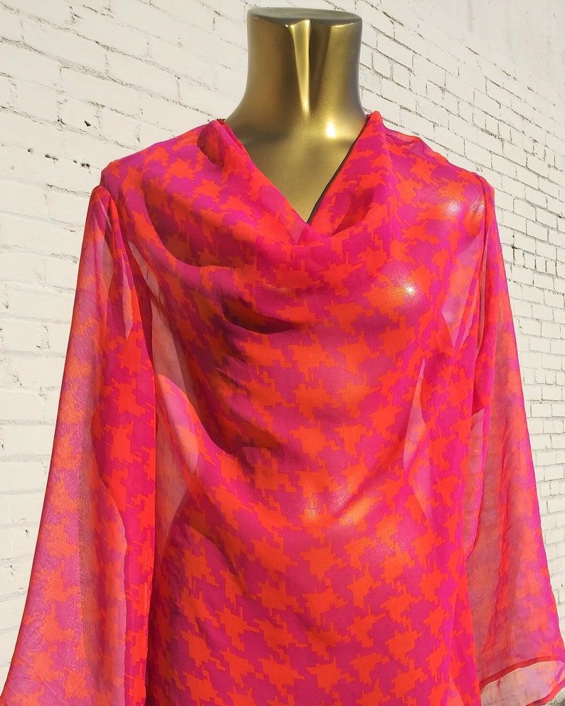 Electronic Houndstooth Silk Draped Cowl Neck Blouse Etsy