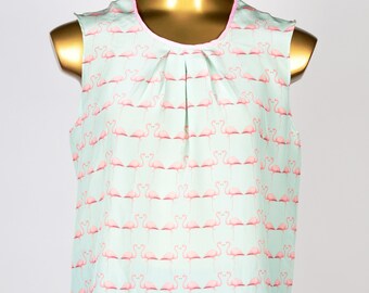 Mint and Pink Flamingo Sleeveless Silk Blouse - CLEARANCE