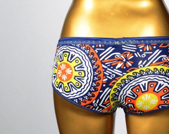 Silk Underwear - Nooner in Los Cabos - 100% Silk Jersey Hippie Brief Style - Blue and Orange Sunburst Print - SXSW Collection