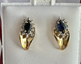 14K Solid Gold Wave Sapphire Solitaire Accent Diamonds Yellow Gold Pierced Earrings Grams 2.7 Grams 0.60” x 0.28”