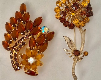 2 Large Lovely Vintage Brooches Rhinestones Gold Tone