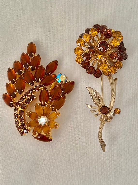 2 Large Lovely Vintage Brooches Rhinestones Gold T