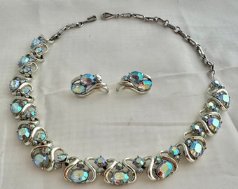 Beautiful Coro Demi Set Necklace Clip On Earrings AB Aurora Borealis Rhinestones Silver Tone All Hallmarked Length 17.25” Earrings 0.95” Len