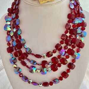 Ruby Red Crystal set Iridescent Cushion Cut 4 Strand Necklace 3 Strand Matching Bracelet Vintage Couture