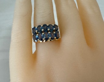 10K Solid Gold 10 Faceted Sapphires Gemstones Ring Yellow Gold 3.78 Grams Ring Size 5 Hallmark 10K