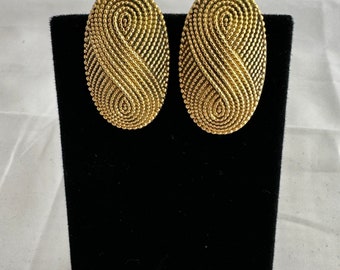 YSL Yves Saint Lauren Oval Textured Clip On Earrings Gold Tone Length 1.50” x 0.75”