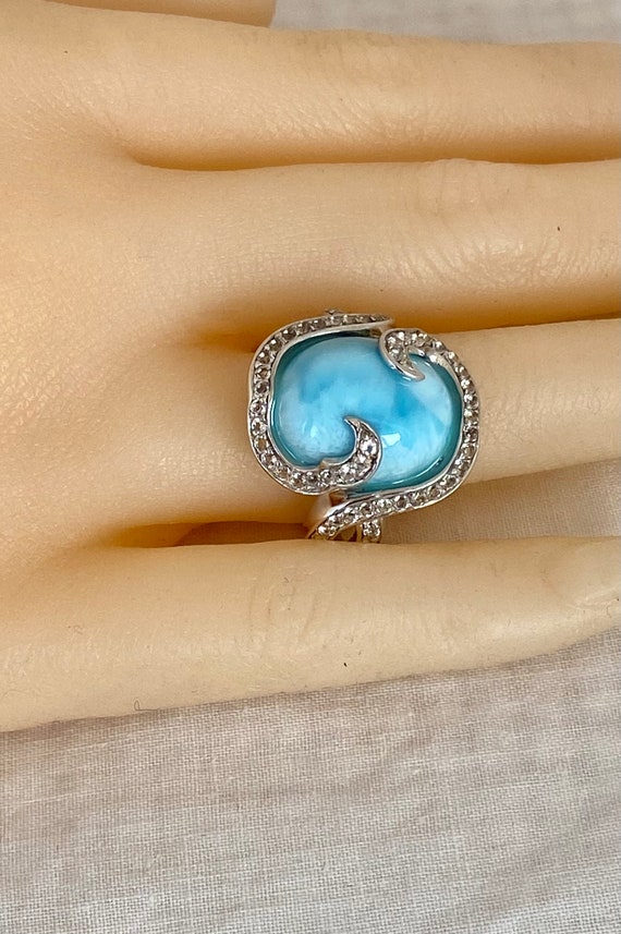 Beautiful Blue Larimar Ring Clear Stones Border Ac