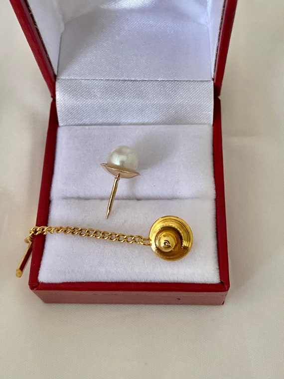 10K Solid Gold Tie Tack Cultured Pearl 7.8mm Ribb… - image 1