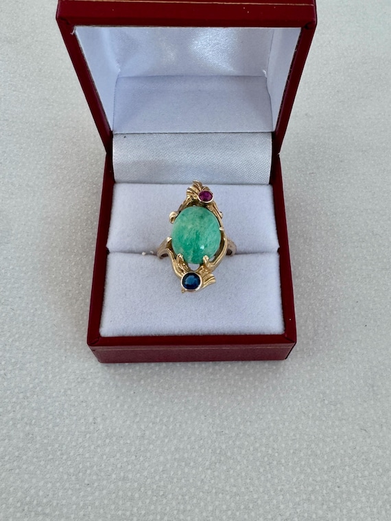 14K Solid Gold Jadeite Cabochon Accent Ruby & Sap… - image 6