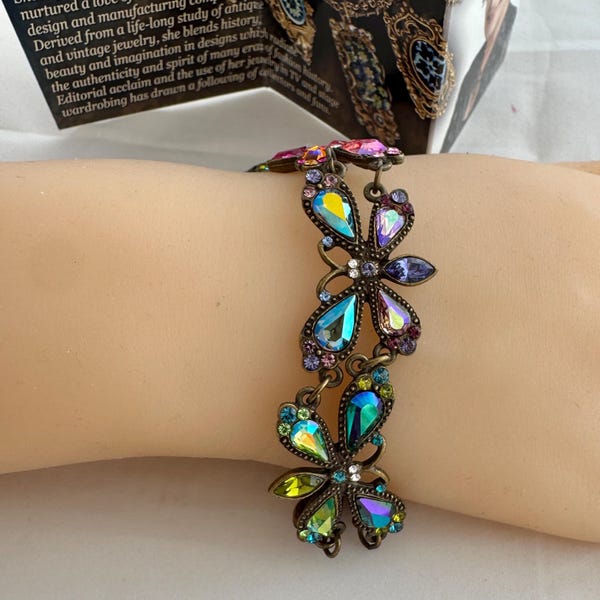 Sweet Romance Rainbow Firefly Bracelet New Vintage Crystals Auroras Borealis Colors Length 8” Burnished bronze finish - See Details Below