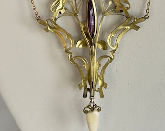 Antique Period Art Nouveau Amethyst Saw Tooth Pearl Lavaliere Necklace Amethyst Brass 27”Chain + 3.5 “ Pendant (L) 2.36”(W) 1/20th 12K GF