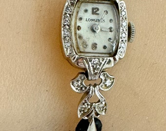 Antique 14K Solid Gold 18 European Cut Diamonds Art Deco Longnes Lady WristWatch 1930's Black Band Manual Wind Runs Great Photo’s Wear Dial