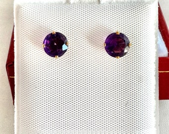 14k Solid Gold Genuine Amethyst Gemstones   Faceted Beautiful Quality Post Back Yellow Gold Earrings 5.9mm Width