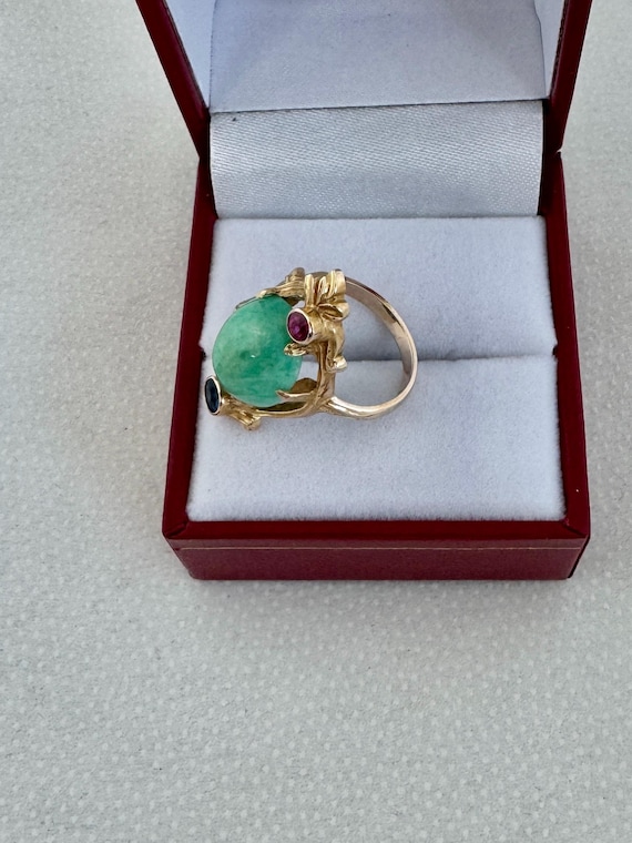 14K Solid Gold Jadeite Cabochon Accent Ruby & Sap… - image 5