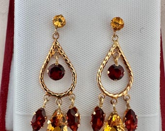 14K Solid Gold Garnet & Citrine Dangle  Gemstone Rope Twist Pattern 2.08 Grams Yellow Gold Length 1.18” x0.35” Width Earrings Hallmark 14K
