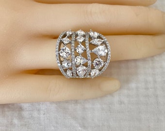Charles Winston Diamonds Simulated Wide Tapered Band Openwork Rhodium Over Sterling Silver 925 Ring Unworn