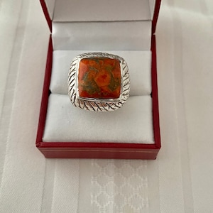Sponge Coral Cushion Cut Dome Filagree Sterling Silver 925 Beautiful Detailed Ring
