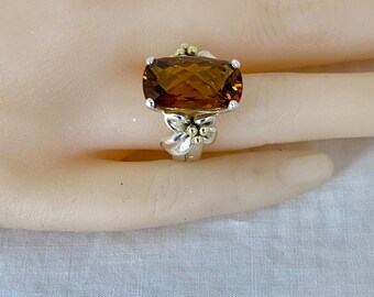 Ann King 18K Gold Whiskey Smoky Topaz Faceted Rectangular Quartz Sterling Silver 925 Floral Ring Beautiful