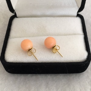 14K Gold Genuine Natural Coral Salmon Color 8mm Bead Post Backs Vintage Patina Yellow Gold