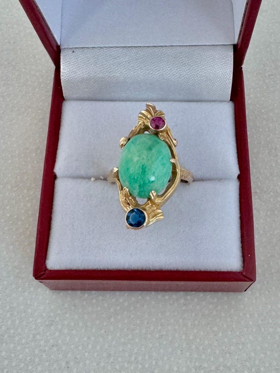 14K Solid Gold Jadeite Cabochon Accent Ruby & Sap… - image 2