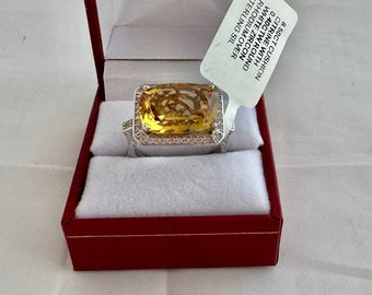 8.5ct Cushion Citrine 0.40ct Round White Zircon Rhodium over Sterling Silver 925 New Unworn Ring Size 9.75