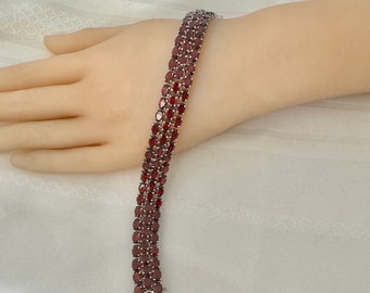 Garnets 3 Rows New Tennis Bracelet 925 Sterling Silver New Hallmark 925 DV Length  7.50” Opened